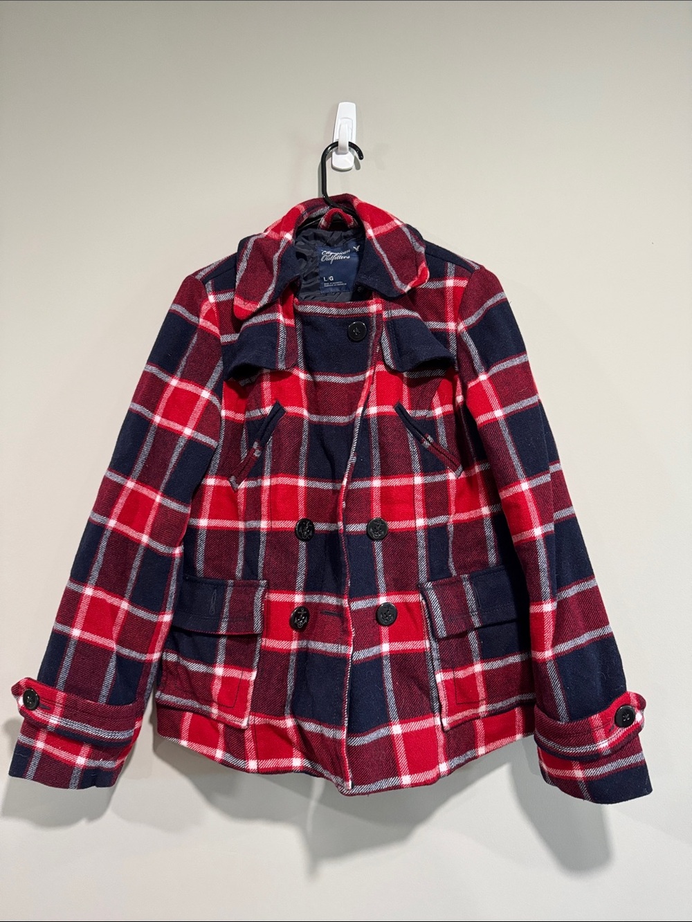 American Eagle Outfitters Red and Navy Plaid Double-Breasted Pea Coat